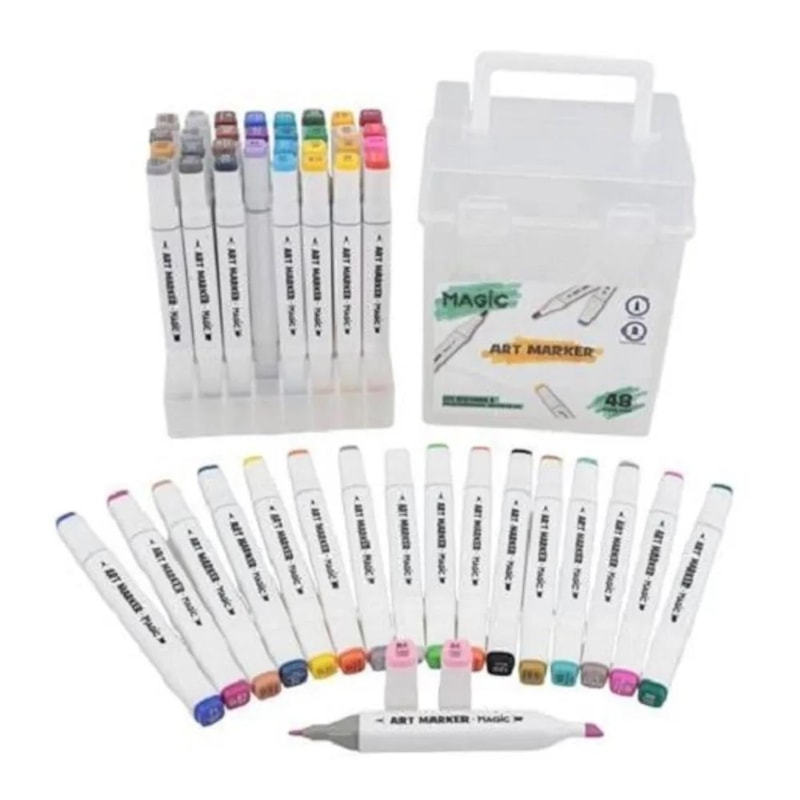 Kit Art Marker 48 Cores - Canetas Marcadoras Ponta Dupla com Estojo Acrílico