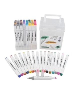 KIT ART MARKER 48 CORES - CANETAS MARCADORAS PONTA DUPLA COM ESTOJO ACRÍLICO