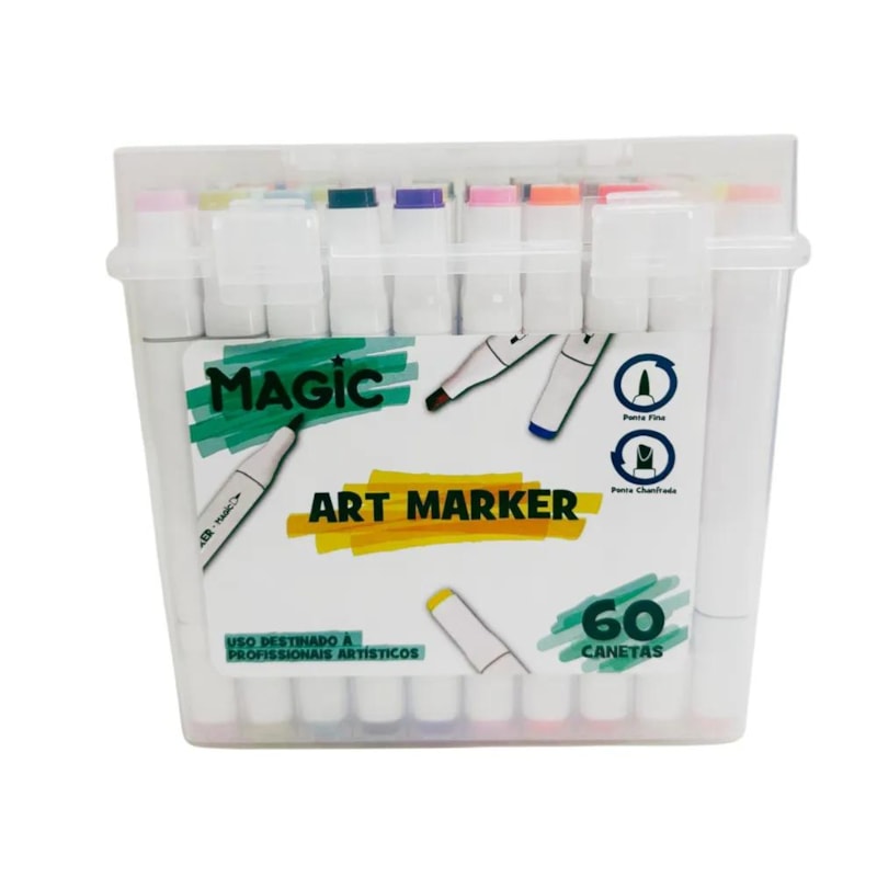 Kit Art Marker 60 Cores - Canetas Marcadoras Ponta Dupla com Estojo Acrílico