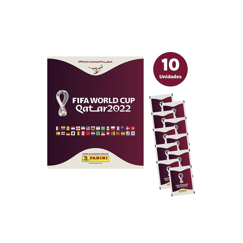 Kit c/ 1 álbum brochura + 10 envelopes de figurinhas da copa do mundo qatar 2022