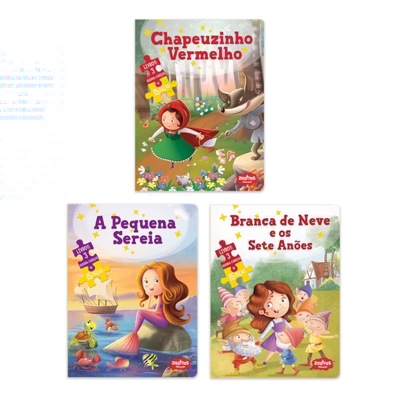 KIT CONTOS DE FADAS COM QUEBRA-CABEÇAS: CHAPEUZINHO VERMELHO, A PEQUENA SEREIA E BRANCA DE NEVE