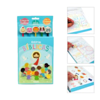 KIT DE LIVRO BÍBLICO - COM LÁPIS E 5 BORRACHAS PARA COLORIR + CARTELA DE ADESIVOS