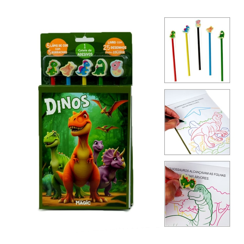 KIT DE LIVRO DINOSSAUROS - COM LÁPIS E 5 BORRACHAS PARA COLORIR CARTELA DE ADESIVOS