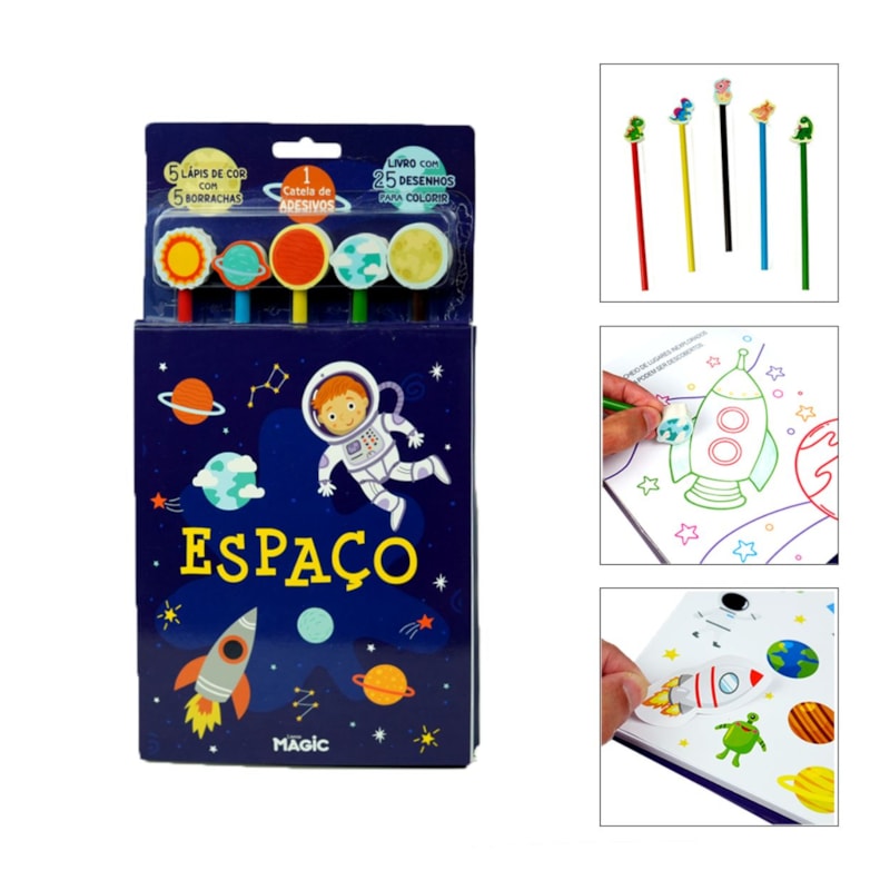 KIT DE LIVRO ESPAÇO - COM LÁPIS E 5 BORRACHAS PARA COLORIR CARTELA DE ADESIVOS