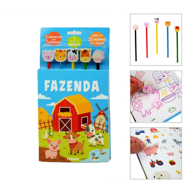 KIT DE LIVRO FAZENDA - COM LÁPIS E 5 BORRACHAS PARA COLORIR CARTELA DE ADESIVOS