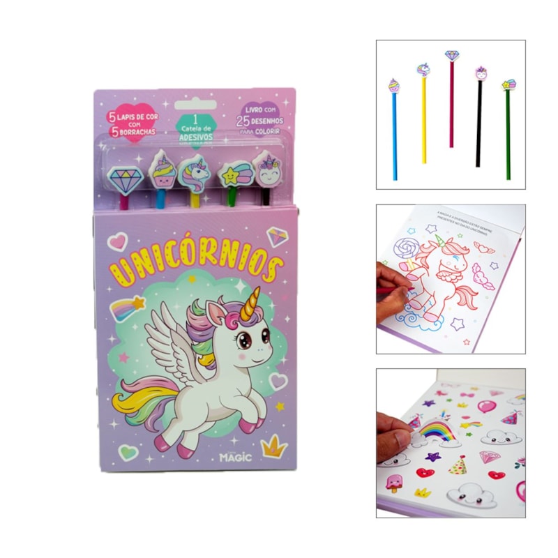 KIT DE LIVRO UNICÓRNIOS - COM LÁPIS E 5 BORRACHAS PARA COLORIR CARTELA DE ADESIVOS