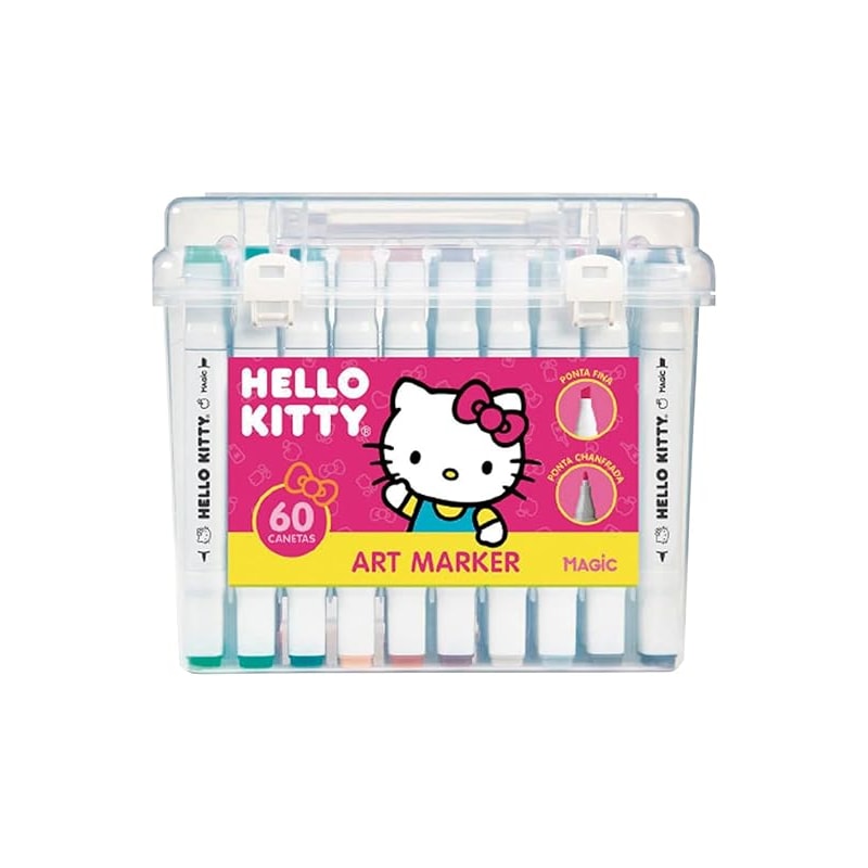 Kit Hello Kitty 60 Cores Art Marker - Canetas de Ponta Dupla com Estojo Acrílico