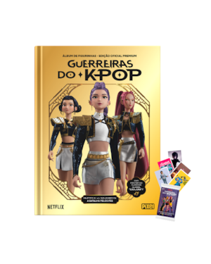 KIT LIVRO ILUSTRADO GUERREIRAS DO KPOP ÁLBUM DE FIGURINHAS - EDIÇÃO OFICIAL PREMIUM + 5 ENVELOPES: HUNTR/X VS SAJA BOYS - A BATALHA PELOS FÃS