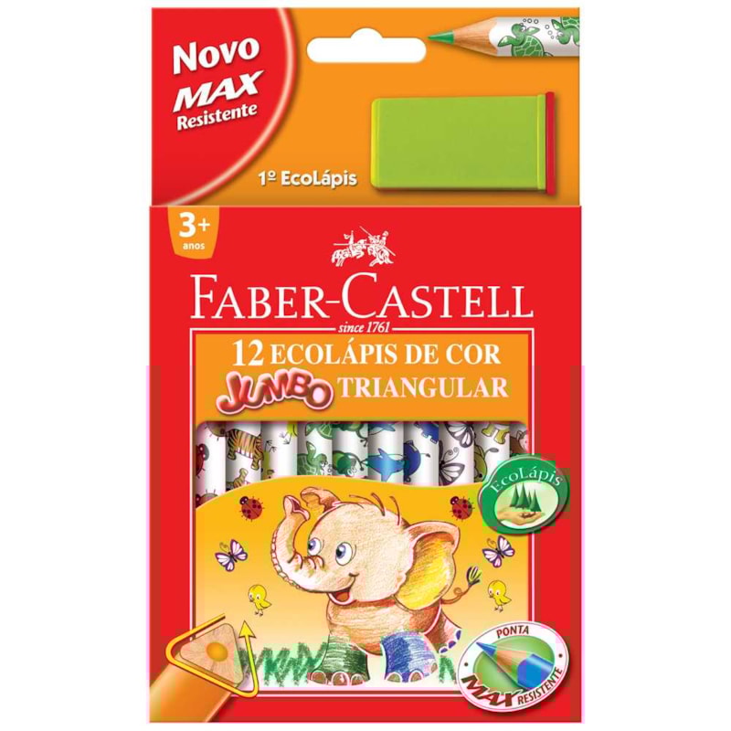 LÁPIS DE COR FABER CASTELL COM 12 CORES JUMBO TRIANGULAR KIT COM APONTADOR
