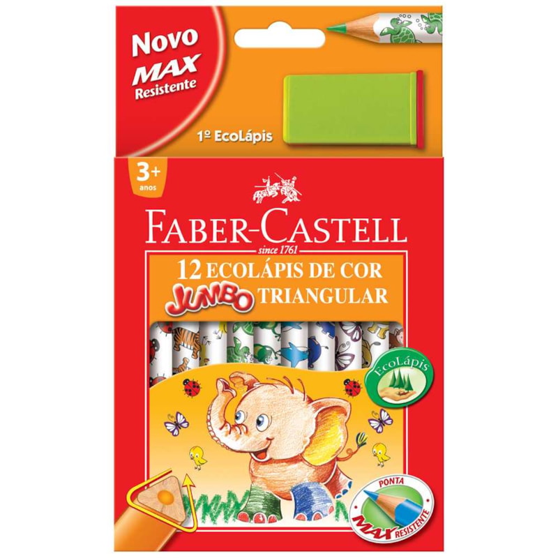 LÁPIS DE COR FABER CASTELL COM 12 CORES JUMBO TRIANGULAR KIT COM APONTADOR