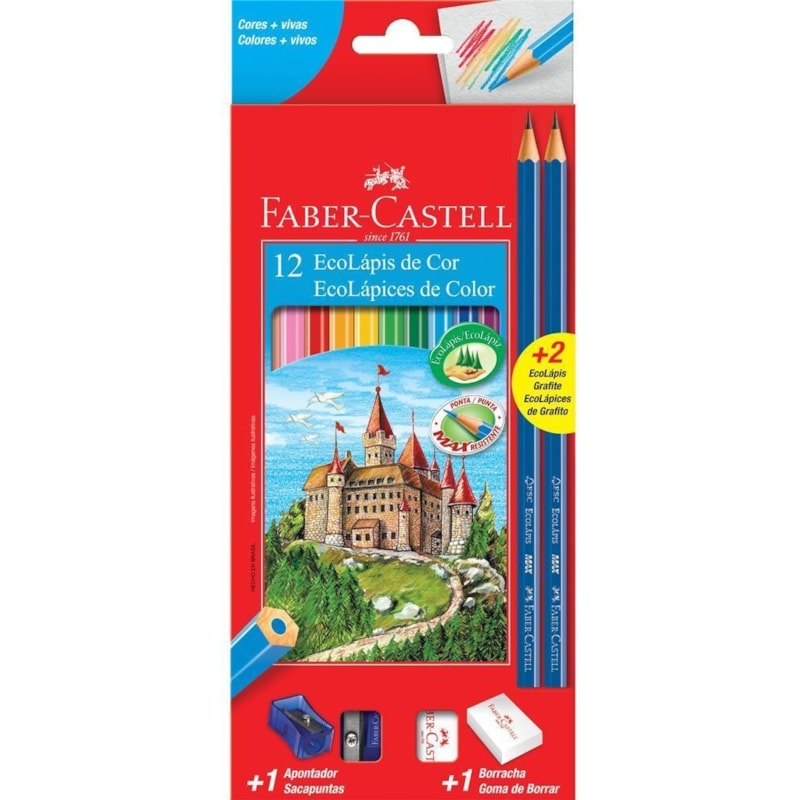 LÁPIS DE COR FABER CASTELL COM 12 CORES TRIANGULAR KIT 2 LÁPIS E APONTADOR