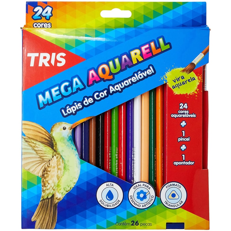 LÁPIS DE COR TRIS MEGA AQUARELL 24 CORES C/ PINCEL E APONTADOR