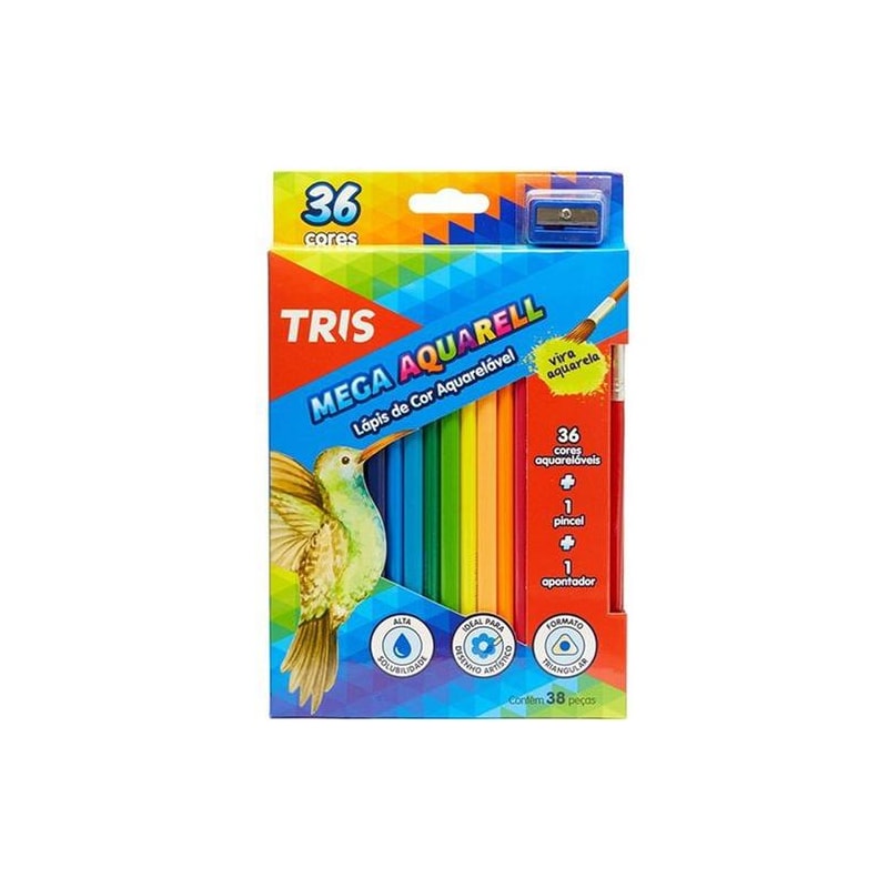 LÁPIS DE COR TRIS MEGA AQUARELL 36 CORES C/ PINCEL E APONTADOR