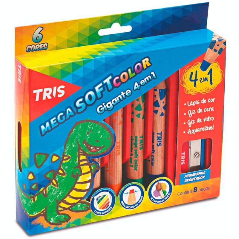 LÁPIS DE COR TRIS MEGA SOFT COLOR GIGANTE COM APONTADOR E PINCEL
