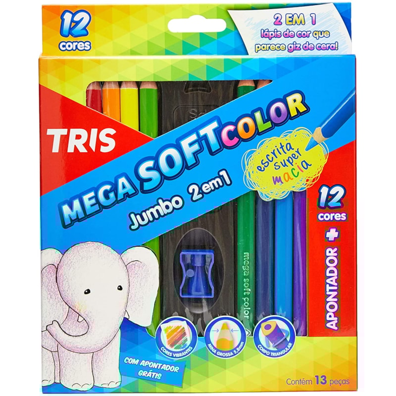 LÁPIS DE COR TRIS MEGA SOFT JUMBO 12 CORES C/ APONTADOR