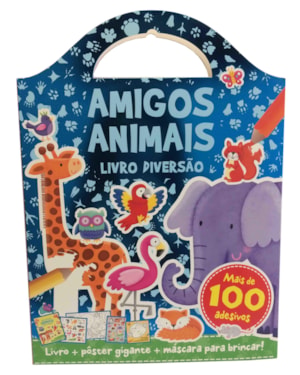 Livro diversão amigos animais: kit com 1 livro de colorir de 12 páginas + 2 folhas de adesivos + moldes + 1 pôster
