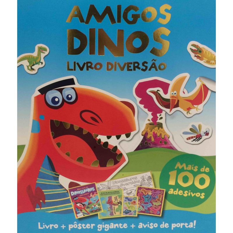 LIVRO DIVERSÃO: AMIGOS DINOS: 1 KIT COM 1 LIVRO DE COLORIR DE 12 PÁGINAS + 2 FOLHAS DE ADESIVOS + AVISO DE PORTA + 1 PÔSTER