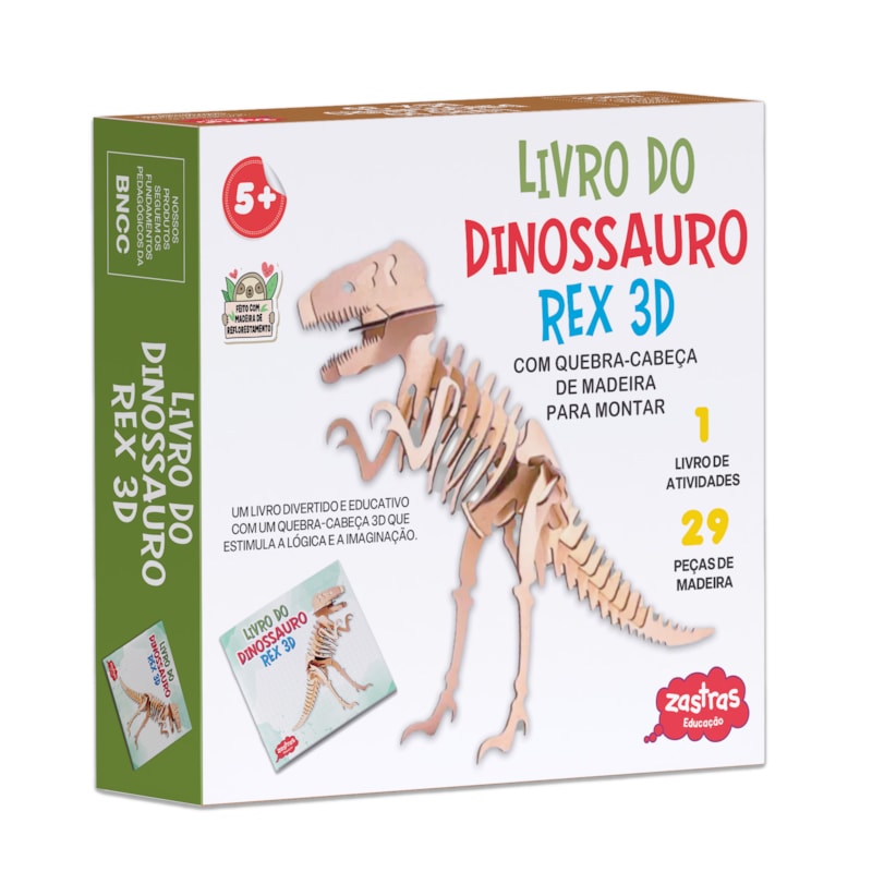 LIVRO DO DINOSSAURO T-REX 3D COM PEÇAS DE MADEIRA