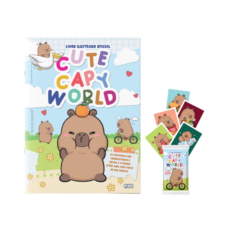 LIVRO ILUSTRADO CUTE CAPY WORLD: KIT ÁLBUM CORTESIA + 10 ENVELOPES (50 CROMOS)