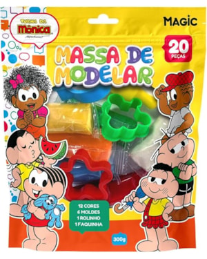 MASSA DE MODELAR - 12 CORES, 6 MOLDES, 1 ROLINHO E 1 FAQUINHA - TURMA DA MÔNICA