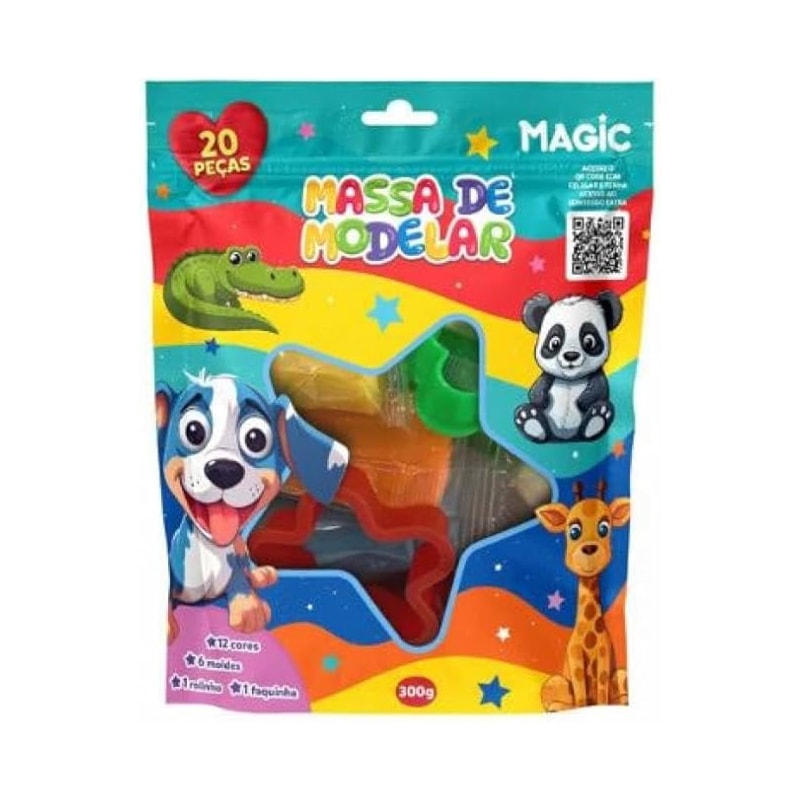 MASSA DE MODELAR 12 CORES 6 MOLDES 2 ITENS - ANIMAIS