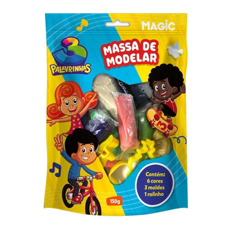 MASSA DE MODELAR 6 CORES 3 MOLDES 1 ROLINHO - 3 PALAVRINHAS - 150 G