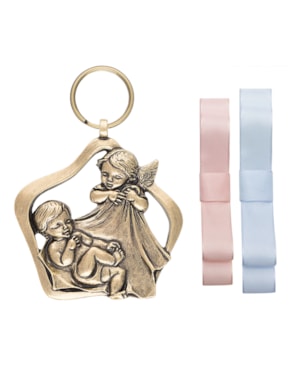 MEDALHÃO DE BERÇO ANJO E BEBÊ OURO VELHO