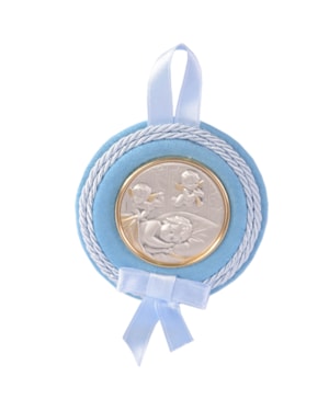 MEDALHÃO DE BERÇO AZUL DETALHE PRATA MENINO 8CM DE ALTURA