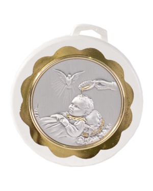 MEDALHÃO DE BERÇO BATISMO METAL PRATA 10 CM DE ALTURA