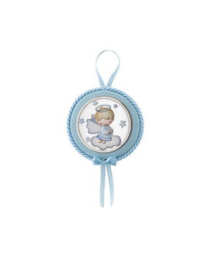 MEDALHÃO DE BERÇO ITALIANO ANJO PRATA AZUL 10CM