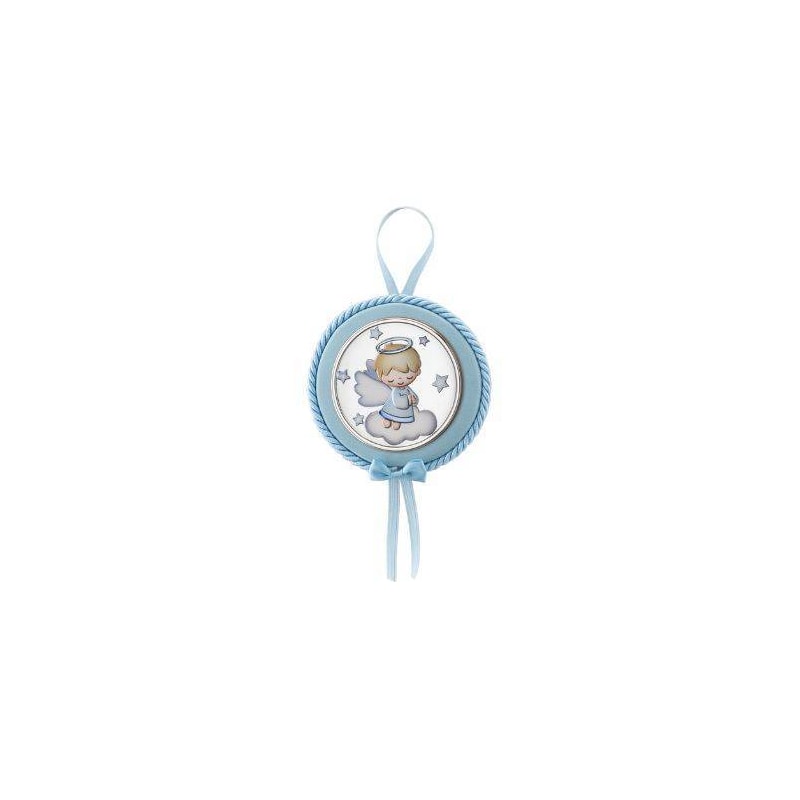 MEDALHÃO DE BERÇO ITALIANO ANJO PRATA AZUL 10CM