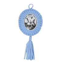 MEDALHÃO DE BERÇO ITALIANO ANJO PRATA BORDADO AZUL 16CM