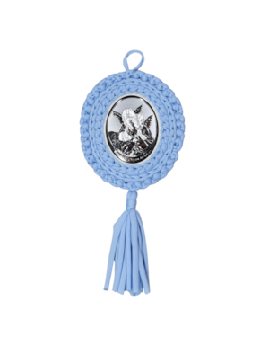 MEDALHÃO DE BERÇO ITALIANO ANJO PRATA BORDADO AZUL 16CM