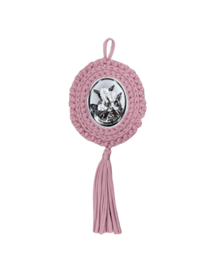 MEDALHÃO DE BERÇO ITALIANO ANJO PRATA BORDADO ROSA 16CM