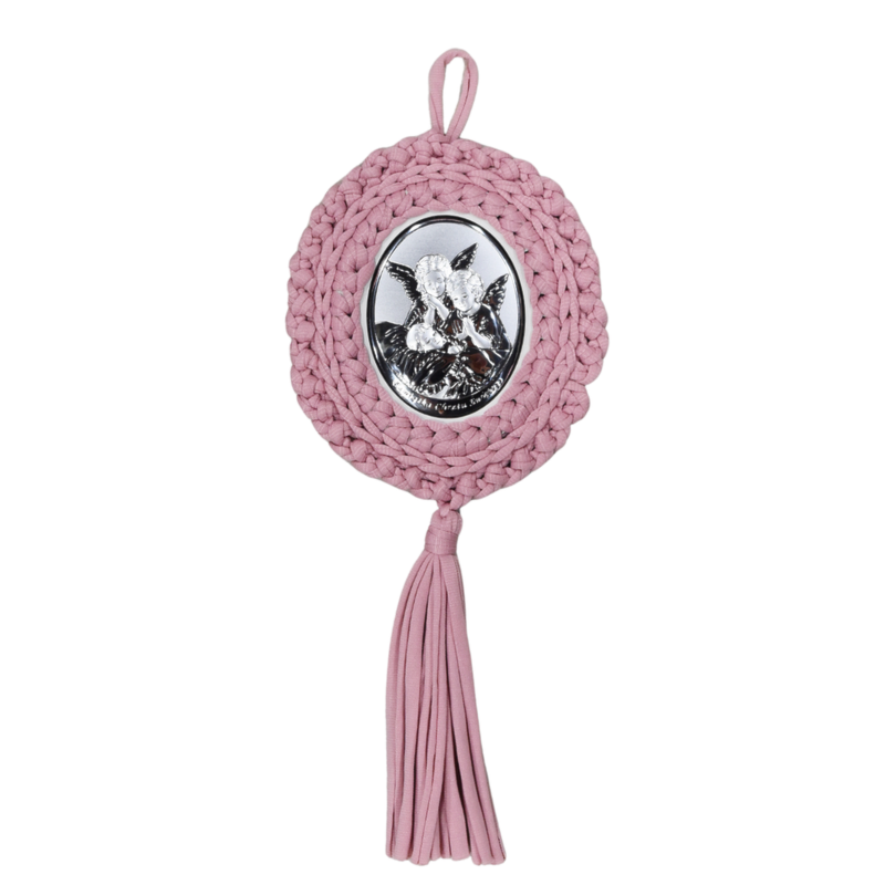 MEDALHÃO DE BERÇO ITALIANO ANJO PRATA BORDADO ROSA 16CM