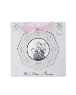 MEDALHÃO DE BERÇO ITALIANO ANJO PRATA QUADRO MDF BRANCO COM FITA AZUL E ROSA 9,5CM