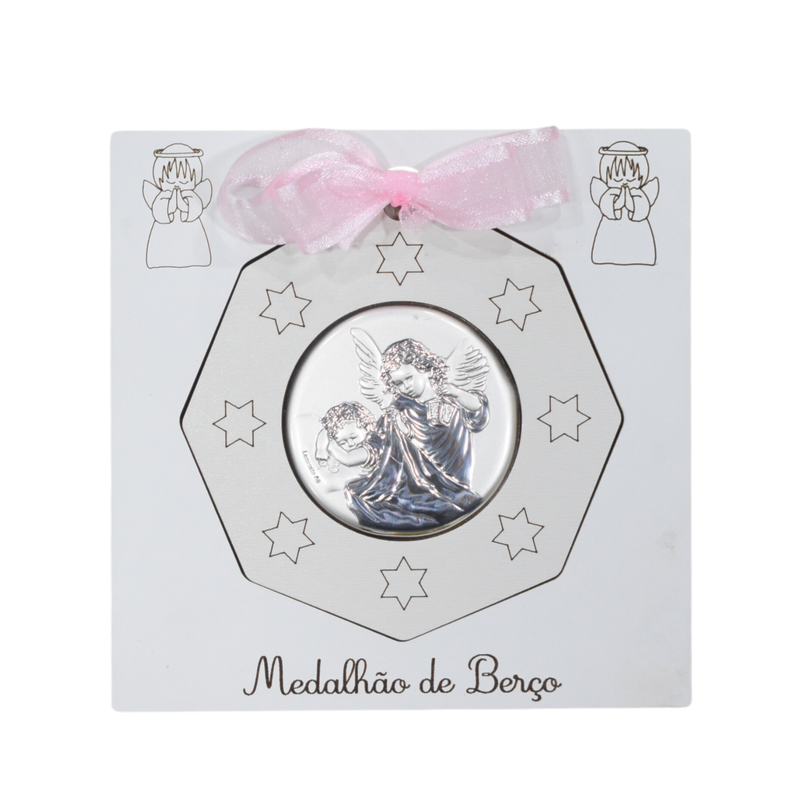 MEDALHÃO DE BERÇO ITALIANO ANJO PRATA QUADRO MDF BRANCO COM FITA AZUL E ROSA 9,5CM