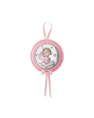 MEDALHÃO DE BERÇO ITALIANO ANJO PRATA ROSA 10CM