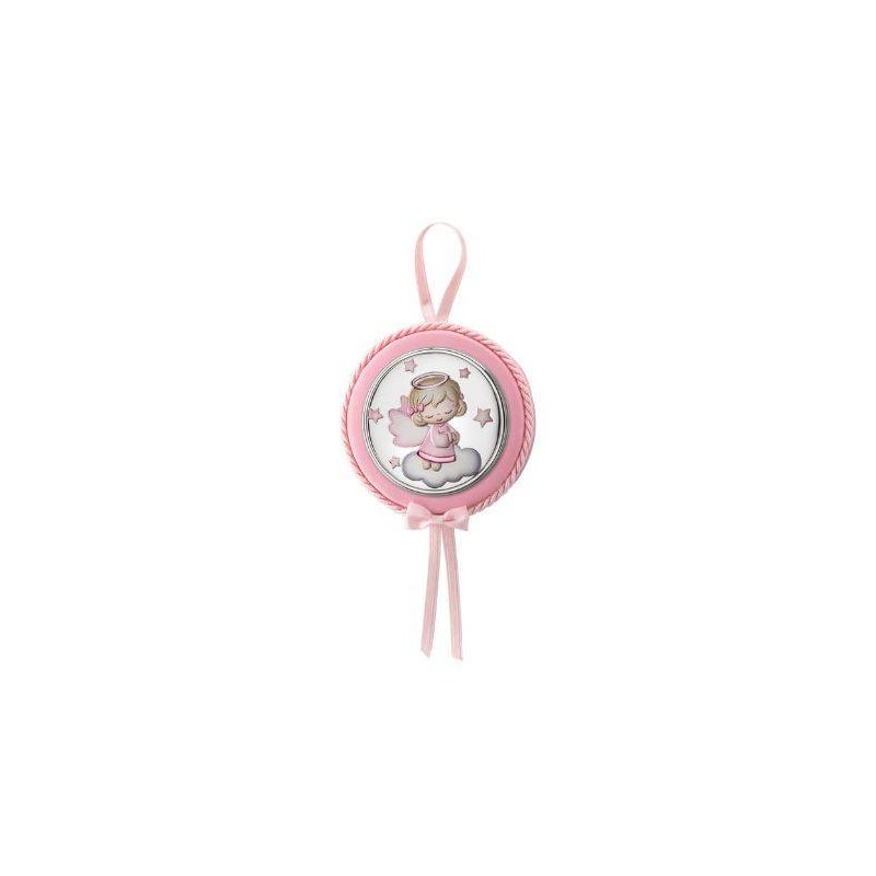 MEDALHÃO DE BERÇO ITALIANO ANJO PRATA ROSA 10CM
