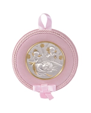 MEDALHÃO DE BERÇO MENINA E ANJO VELUDO ROSA PRATA 12CM DE ALTURA