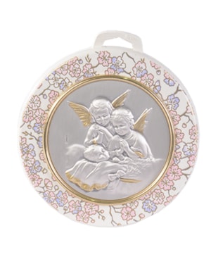 MEDALHÃO DE BERÇO MENINO COM ANJO PRATA 10CM DE ALTURA