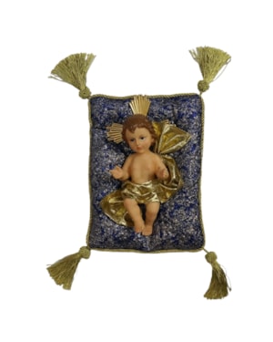 MENINO JESUS 25CM COM ALMOFADA AZUL E DOURADA