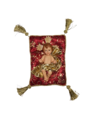 MENINO JESUS 25CM COM ALMOFADA VERMELHA E DOURADA