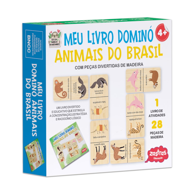 MEU LIVRO DOMINÓ ANIMAIS DO BRASIL COM PEÇAS DIVERTIDAS DE MADEIRA