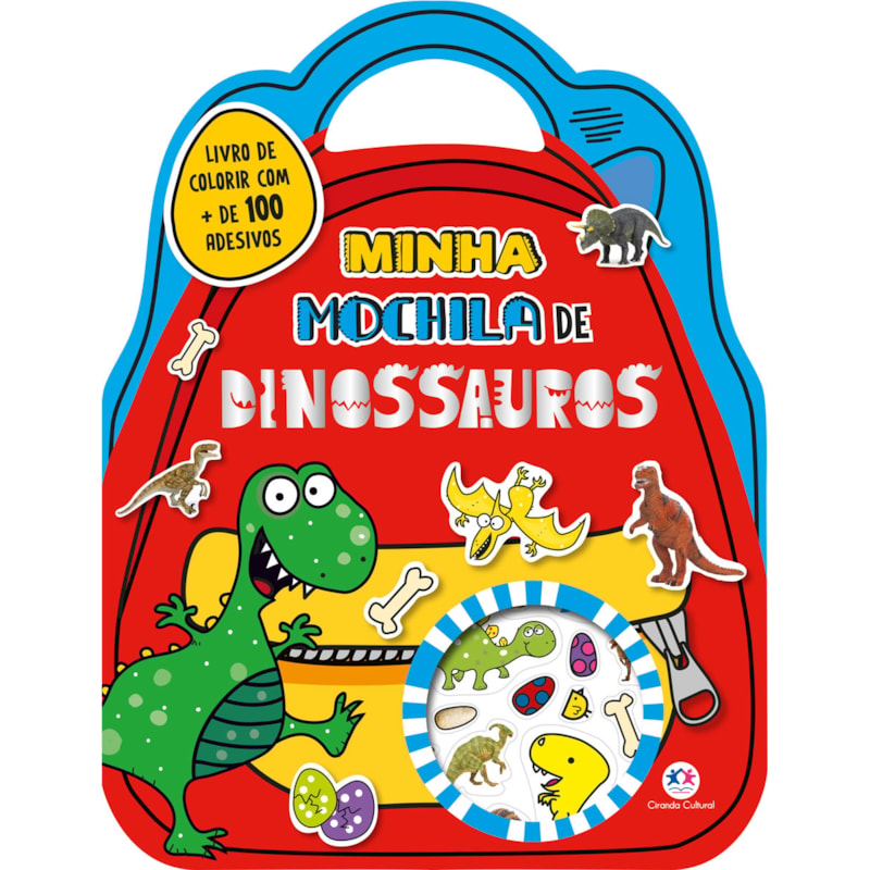 MINHA MOCHILA DE DINOSSAUROS COM ADESIVOS E PARA COLORIR