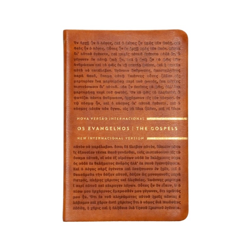 OS EVANGELHOS BILÍNGUE NVI E NIV (PORTUGUÊS E INGLÊS), LETRA TRADICIONAL, FONTE LEITURA PERFEITA, COM LETRAS DE JESUS EM AZUL, CAPA LUXO MARROM