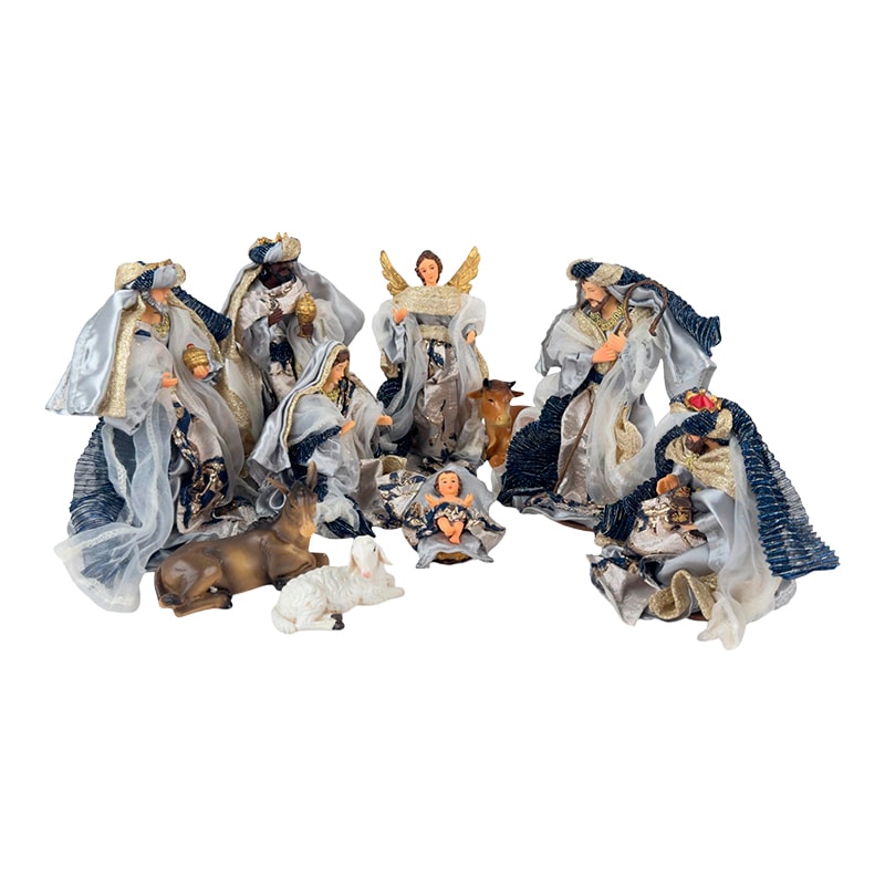 PRESÉPIO 15CM DE ALTURA C/ 10 PEÇAS ROUPA DE TECIDO AZUL E PRATA SANTINI