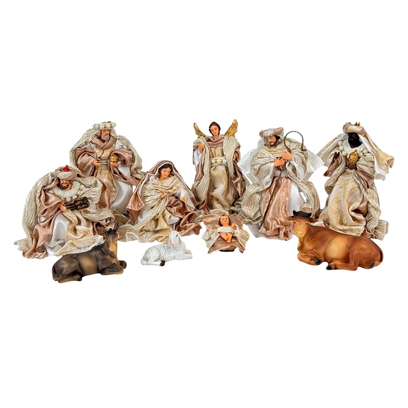 PRESÉPIO 15CM DE ALTURA C/ 10 PEÇAS ROUPA DE TECIDO BRANCO  E CHAMPANHE SANTINI