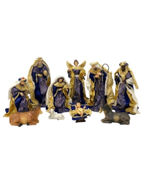 PRESÉPIO 15CM DE ALTURA C/ 11 PEÇAS ROUPA DE TECIDO AZUL E DOURADO SANTINI