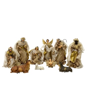 PRESÉPIO 15CM DE ALTURA C/ 11 PEÇAS ROUPA DE TECIDO MARROM E DOURADO SANTINI